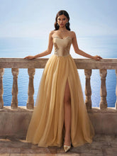 Luxury Gold Cinched Waist Mesh Maxi Ball Gown Bridesmaids Dress For Women